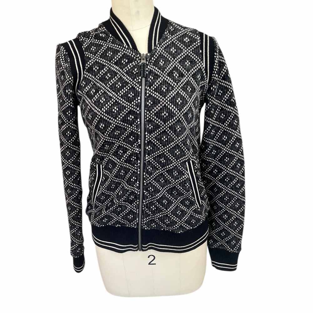 Women's Faherty Seabrooks Black White Diamond Full Zip Jacket Sweatshirt xs
